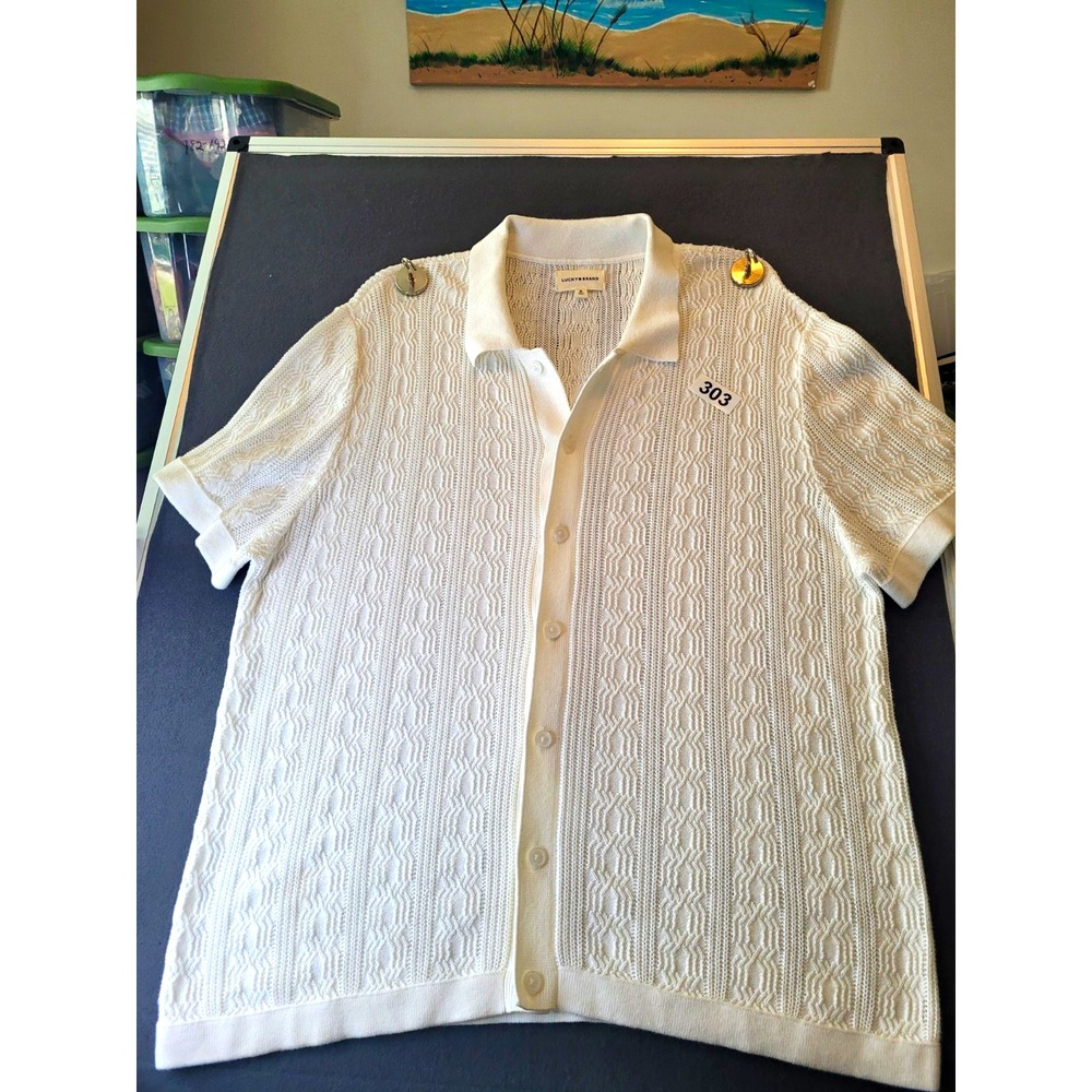 Lucky Brand Mens XL White Solid Cable Knit Short Sleeve Button Cardigan